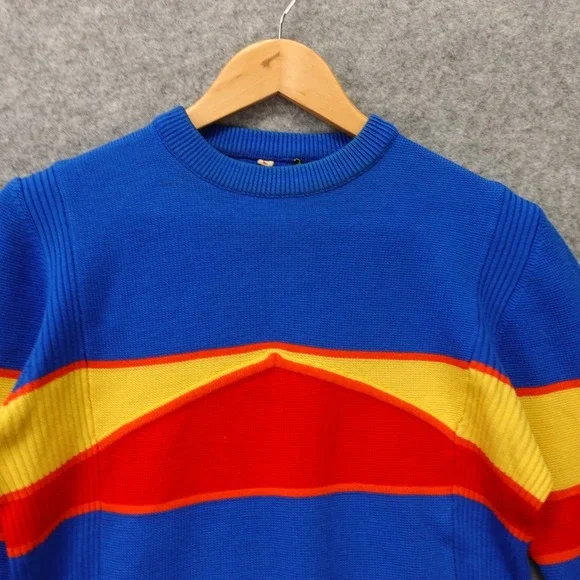 Vintage Ski Sweater Womens L Blue Yellow Red Colorblock Stripe 70s OSSI Slim Fit - Picture 7 of 12
